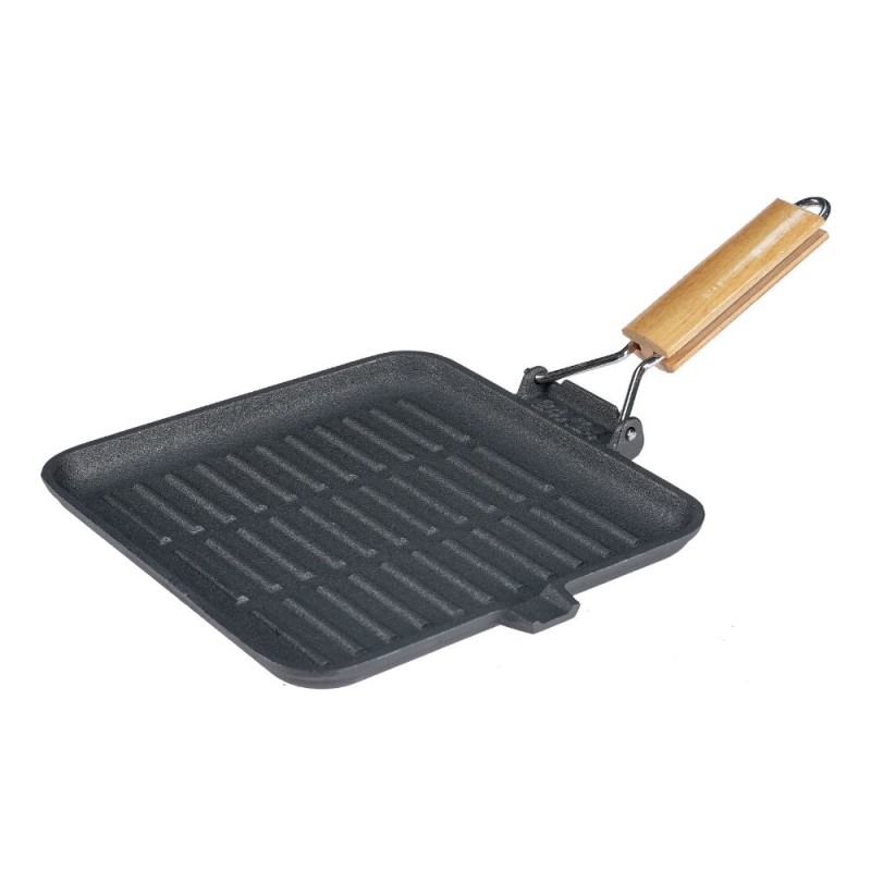 Grillpfanne Gusseisen mit klappbarem Holzgriff, 24x24 cm - 