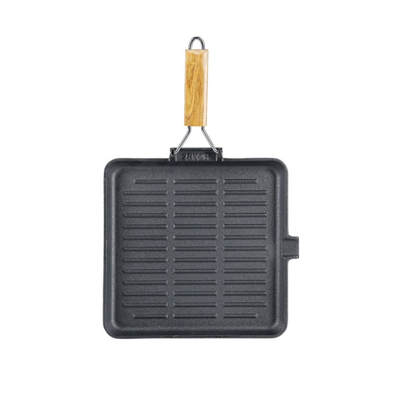 Grillpfanne Gusseisen mit klappbarem Holzgriff, 24x24 cm - 