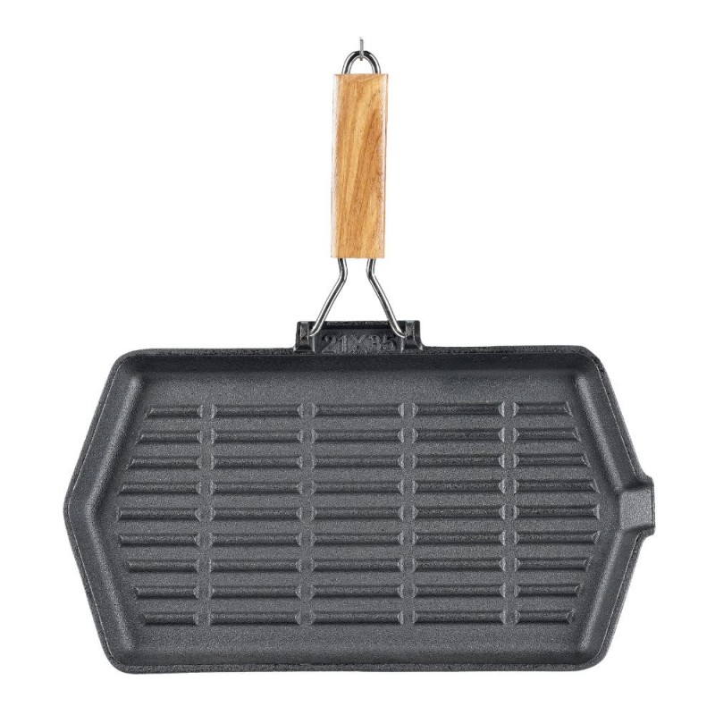 Grillpfanne Gusseisen mit klappbarem Holzgriff, 35x21 cm - 
