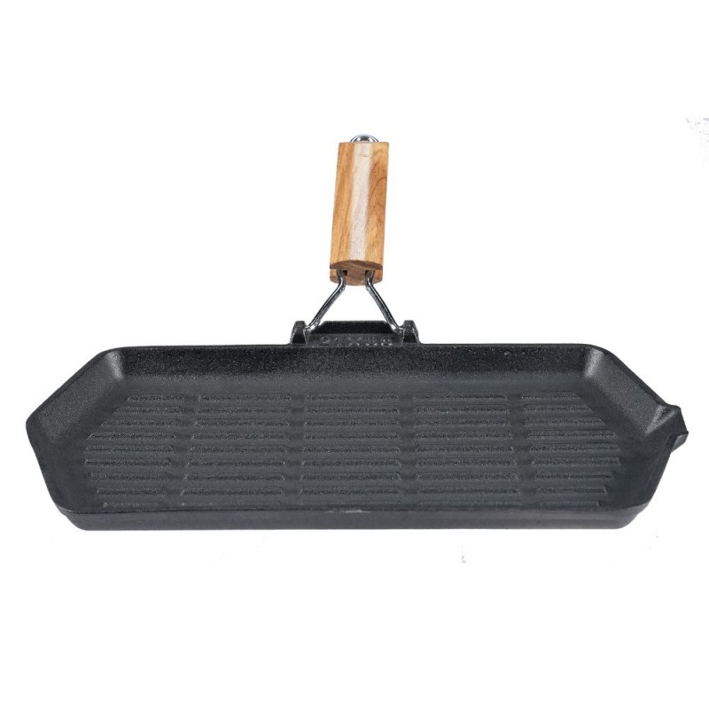 Grillpfanne Gusseisen mit klappbarem Holzgriff, 35x21 cm - 